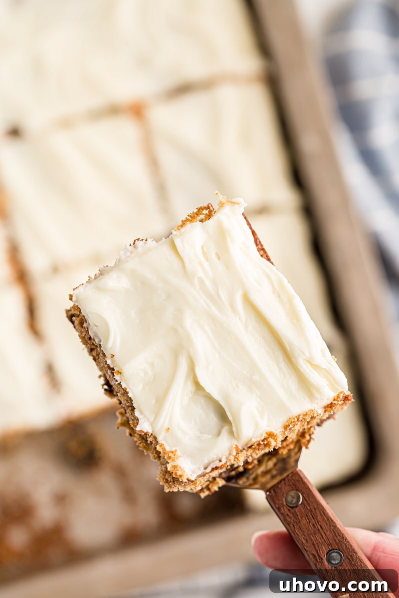 A spatula lifting a perfect piece of Oatmeal Chocolate Chip Cake from the baking pan, showcasing its rich texture and frosting.