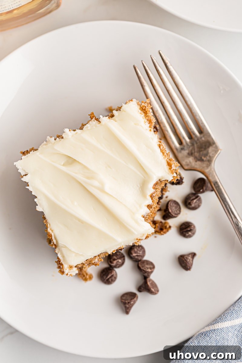 Overhead view of a slice of Oatmeal Chocolate Chip Cake on a plate, with a bite taken out, showcasing the moist interior, oats, and chocolate.