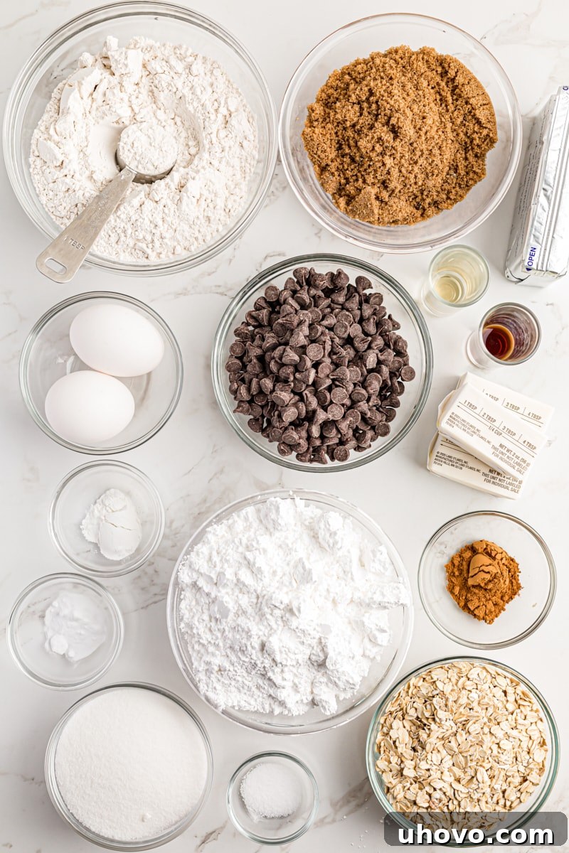 An overhead view of all the measured ingredients laid out for making Oatmeal Chocolate Chip Cake, including oats, chocolate chips, flour, and sugars.