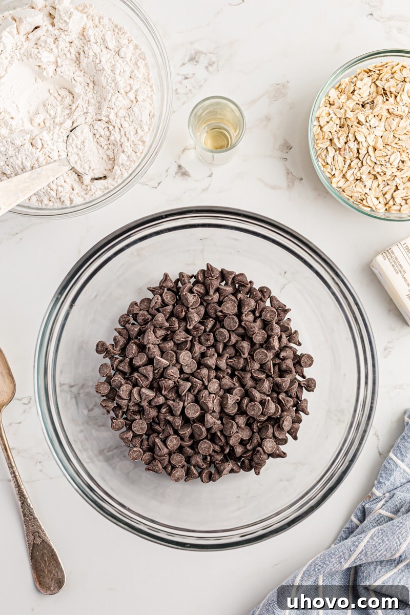 Overhead view of chocolate chips in a mixing bowl, ready to be prepared.