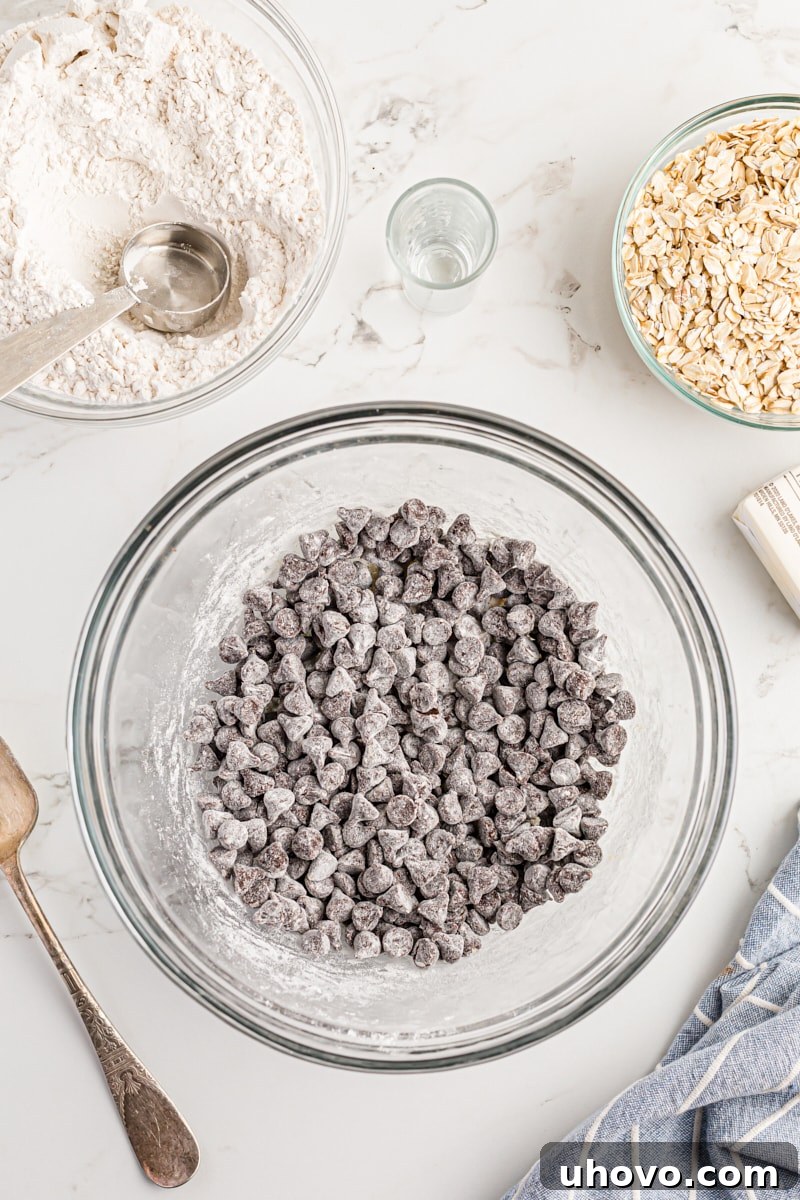 Overhead view of chocolate chips tossed with flour in a mixing bowl, showing they are evenly coated.