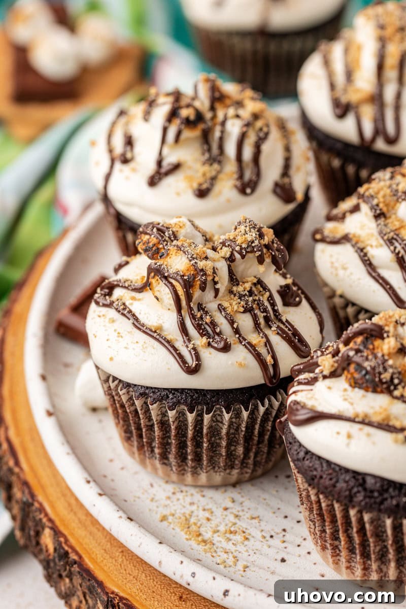 s'mores cupcakes served on a white plate