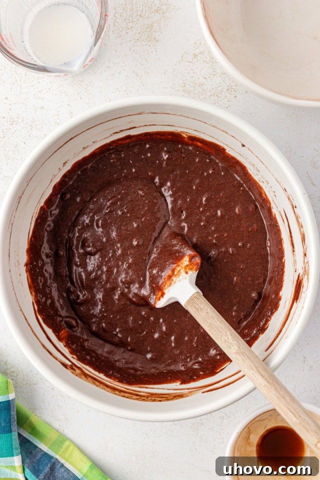 overhead view of chocolate cupcake batter in a white bowl