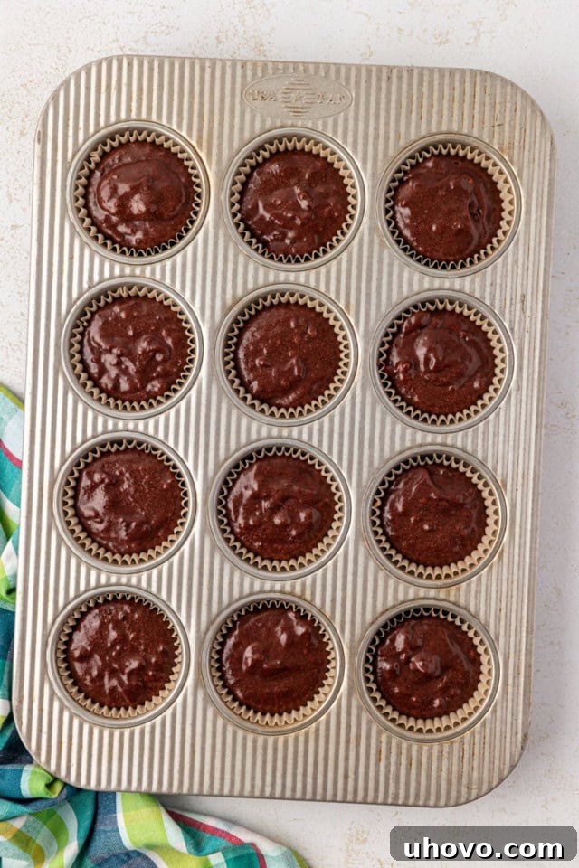 overhead view of s'mores cupcakes in a muffin pan ready to go into the oven