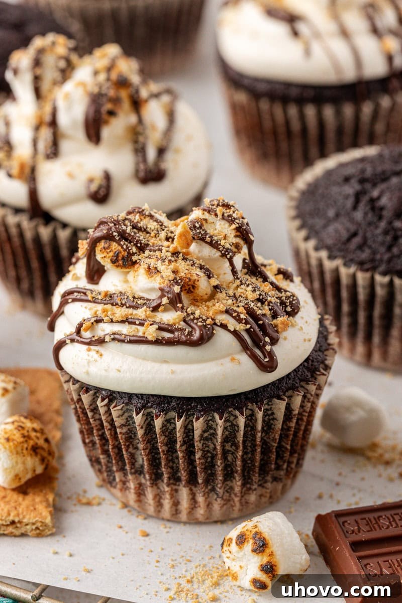 a s'mores cupcake topped with a drizzle of chocolate, toasted marshmallows, and graham cracker crumbs; more cupcakes in the background