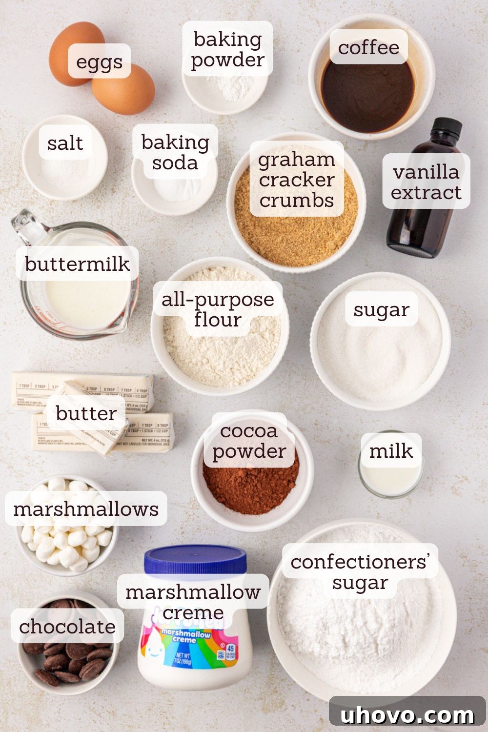 overhead view of ingredients for s'mores cupcakes