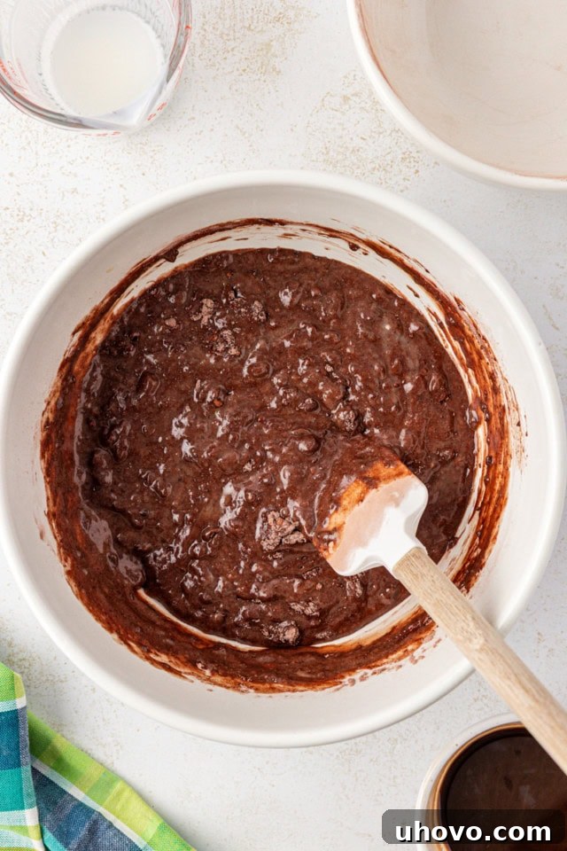 overhead view of partially mixed chocolate cupcake batter in a white bowl