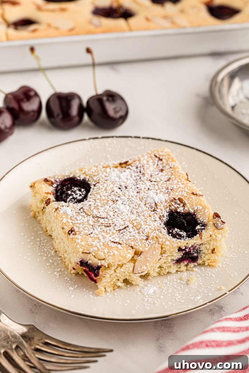 A beautifully rustic cherry almond sheet cake slice on a plate, with the rest of the cake and fresh cherries blurred in the background, inviting a delicious summer experience.