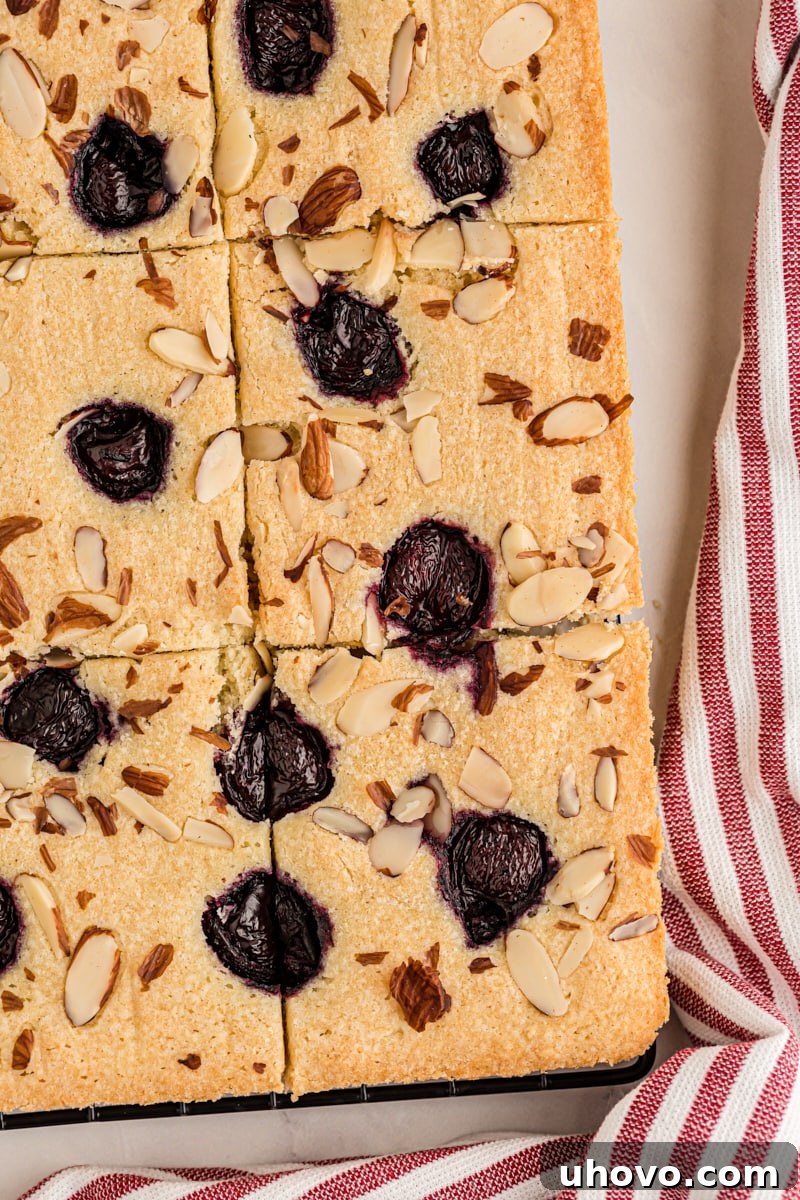 A top-down view of a cherry almond sheet cake meticulously cut into perfect squares, artfully arranged on a clean white surface, highlighting its rustic beauty and ready-to-serve appeal.