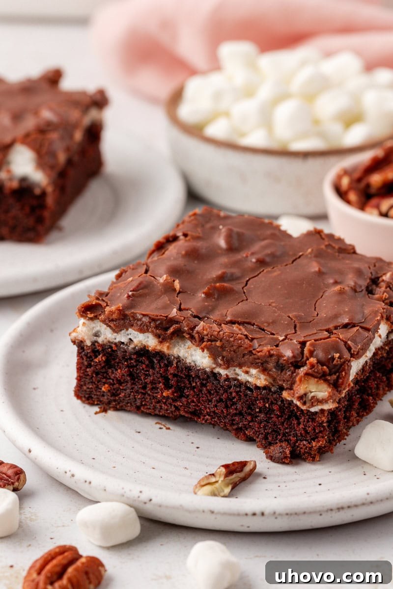 A generous slice of Mississippi mud cake takes center stage on a white plate, showcasing its distinct layers of chocolate cake, melted marshmallows, and fudge frosting. More of the whole cake, adorned with pecans and marshmallows, can be seen in the soft focus background.