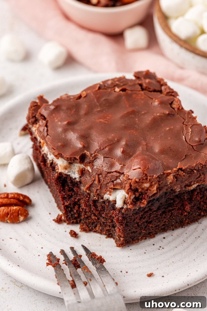 A close-up of a delightful slice of Mississippi mud cake on a white plate, with a fork gently resting beside it, highlighting the luscious layers and inviting texture.