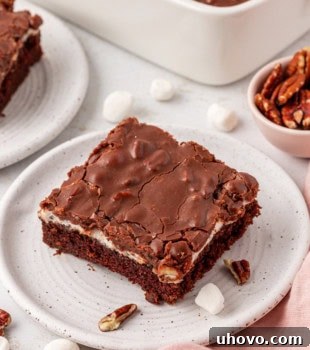 A slice of Mississippi mud cake on a white plate with more cake in the background