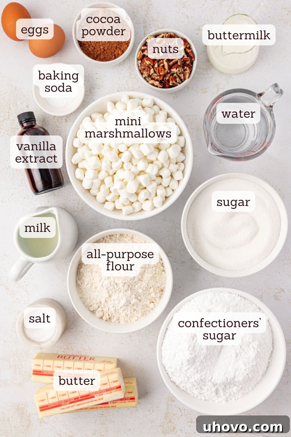 An overhead view showcasing all the key ingredients for an authentic Mississippi Mud Cake, neatly arranged in bowls and containers, ready for baking.