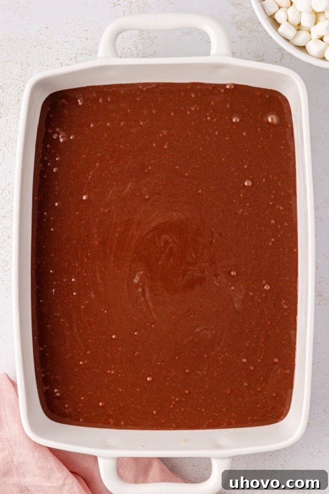 The dark, rich chocolate cake batter is smoothly poured into a pristine white baking pan, ready for its transformation in the oven.