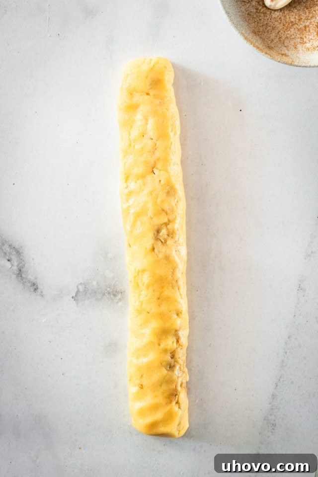 Tightly rolled up cookie dough log before slicing, showing the spiral ready for a second chill.