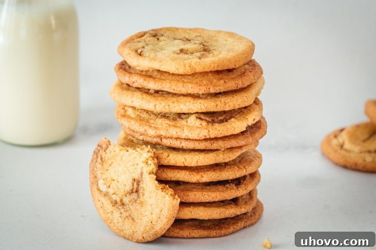 Stack of cinnamon roll cookies with glass milk bottle in background