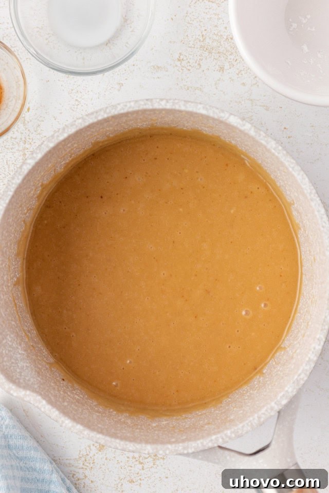 overhead view of caramel glaze in a saucepan