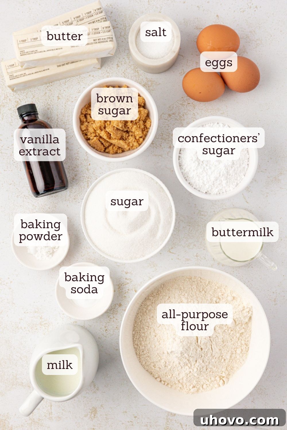 overhead view of ingredients for caramel swirl Bundt cake