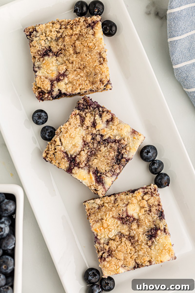 Overhead view of 3 blueberry jam cream cheese bars on serving plate with blueberries