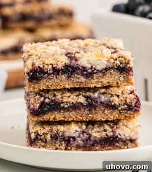 Stack of 3 blueberry jam cream cheese bars on white plate