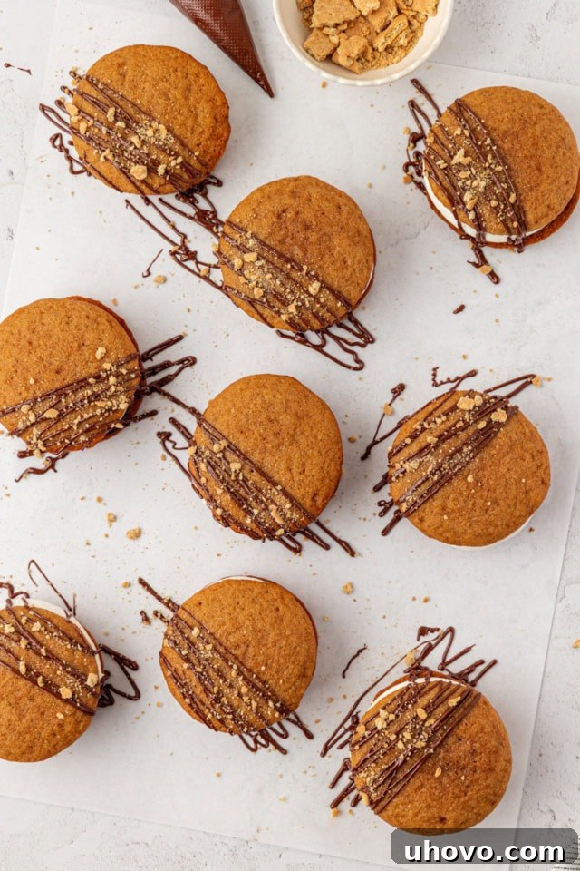 overhead view of s'mores whoopie pies on a white surface