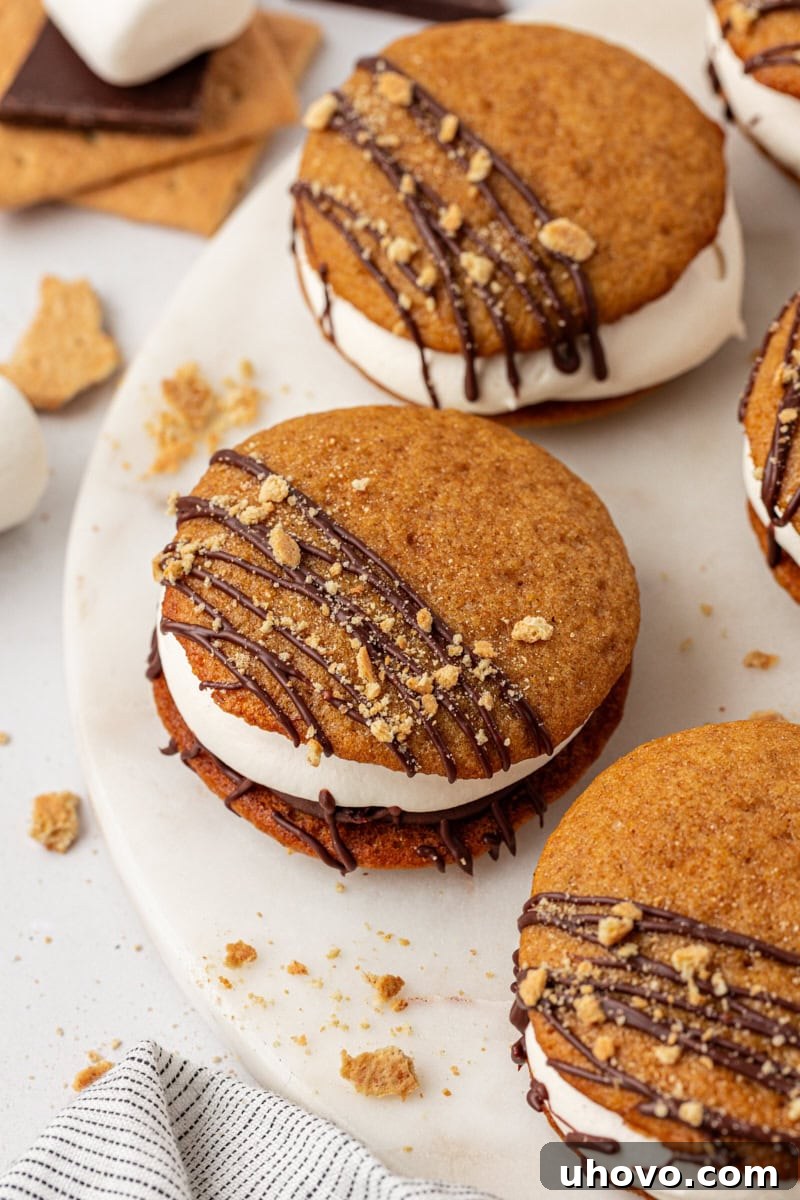 three s'mores whoopie pies on a white cake stand