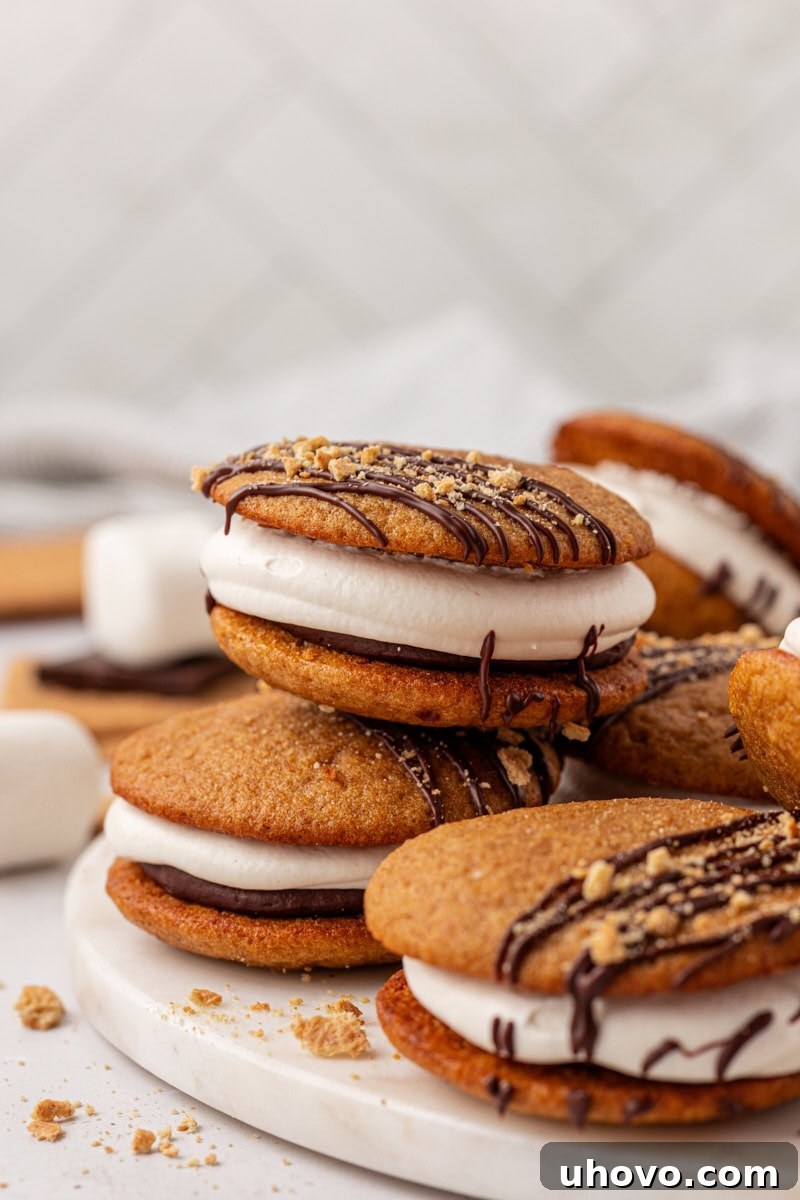 s'mores whoopie pies stacked on a white plate