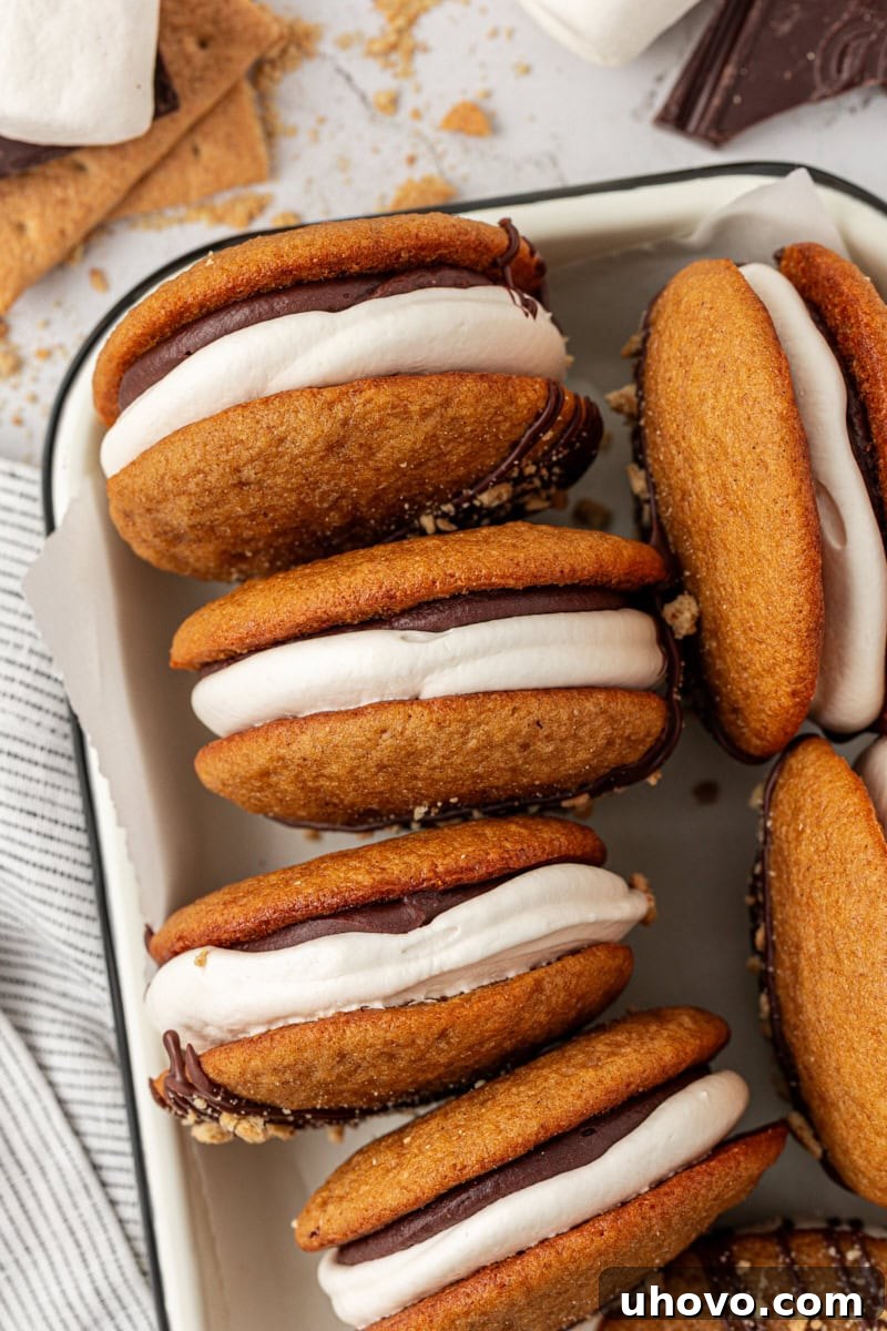 overhead view of s'mores whoopie pies in a black-rimmed white tray