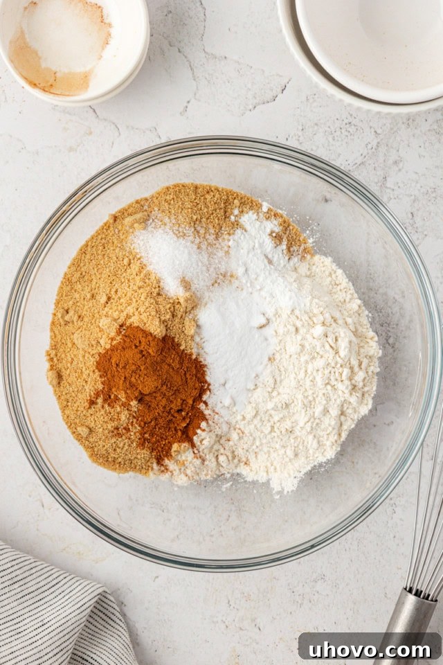 overhead view of flour, graham cracker crumbs, baking soda, baking powder, cinnamon, and salt in a glass mixing bowl