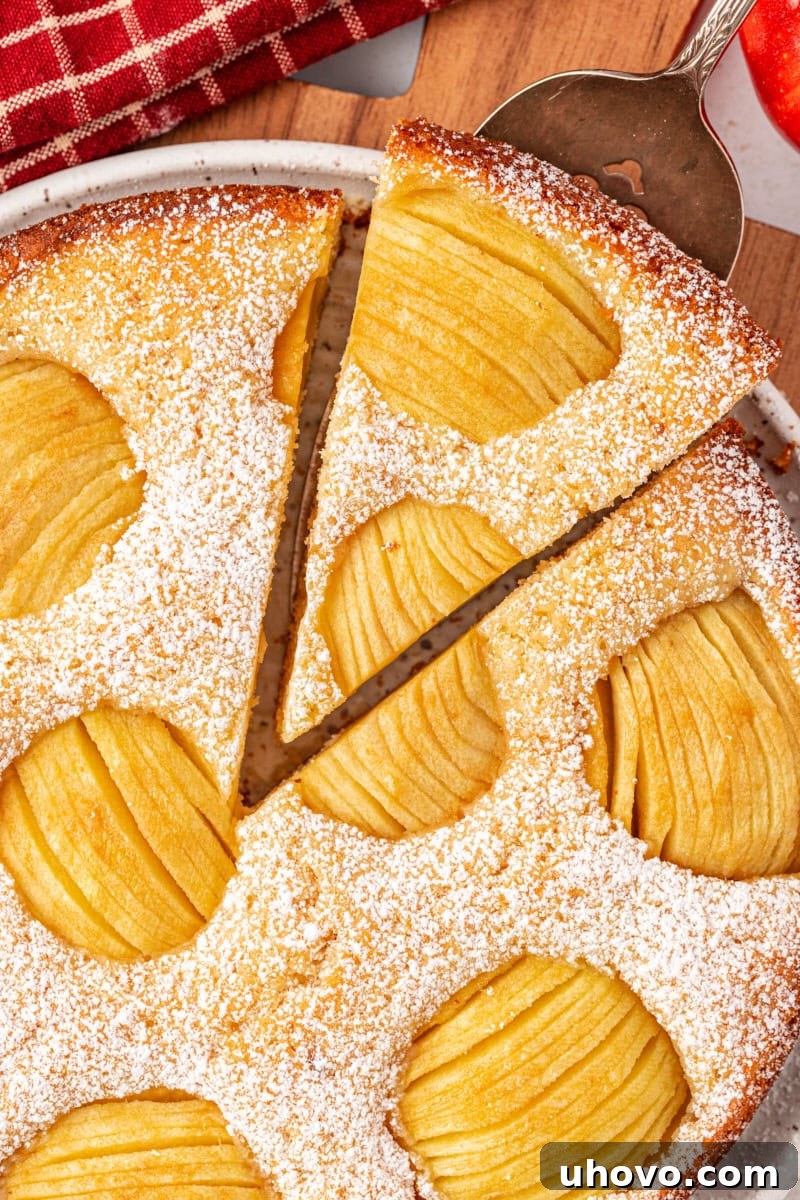 Overhead view of a perfectly baked slice of German apple cake on a cake server being gently removed from the remaining cake, showcasing its immaculate structure and beautifully fanned apples, ready to be enjoyed.