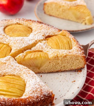 Partially sliced German apple cake on a cake plate with more cake and fresh apples in the background, showcasing the beautiful fanned apple topping and rich crumb texture.