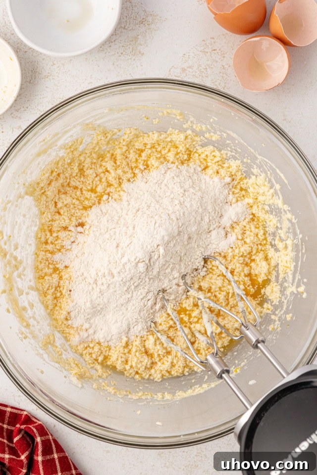 Overhead view of dry ingredients (flour mixture) being gradually added to the wet ingredients for German apple cake batter in a glass bowl, illustrating the careful process of combining.
