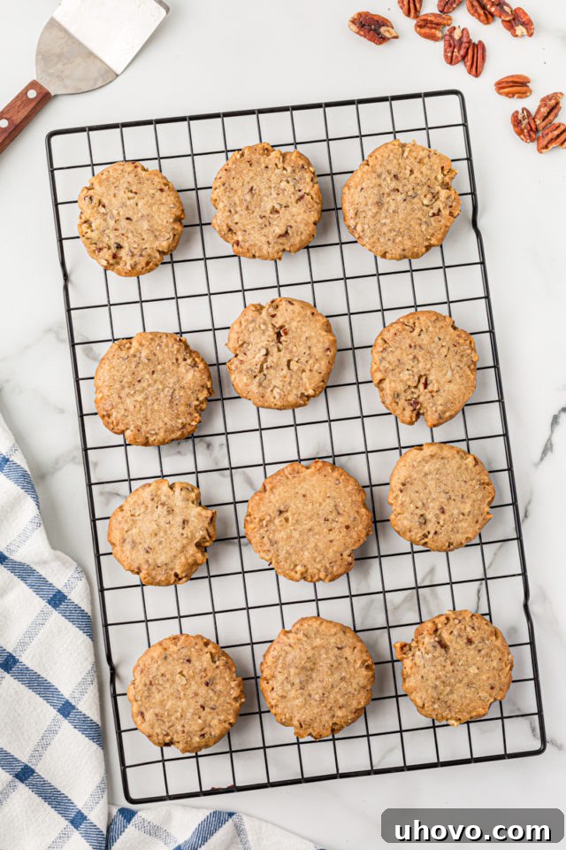 Overhead view of baked pecan sandies cooling on a wire rack, allowing for proper air circulation.