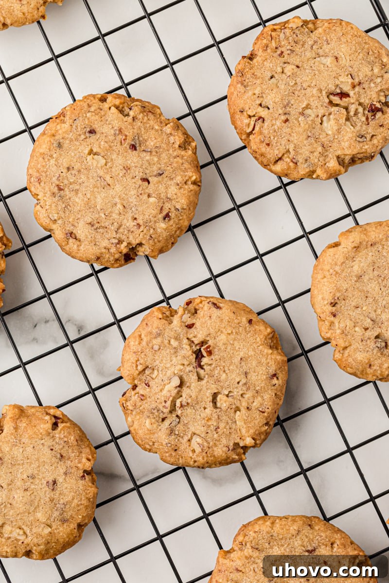 Overhead view of multiple pecan sandies cooling on a wire rack after baking. These classic pecan cookies practically melt in your mouth!