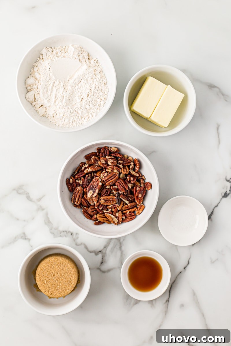 Overhead view of ingredients for pecan sandies, including flour, butter, sugar, vanilla, salt, and pecans. These classic pecan cookies practically melt in your mouth!