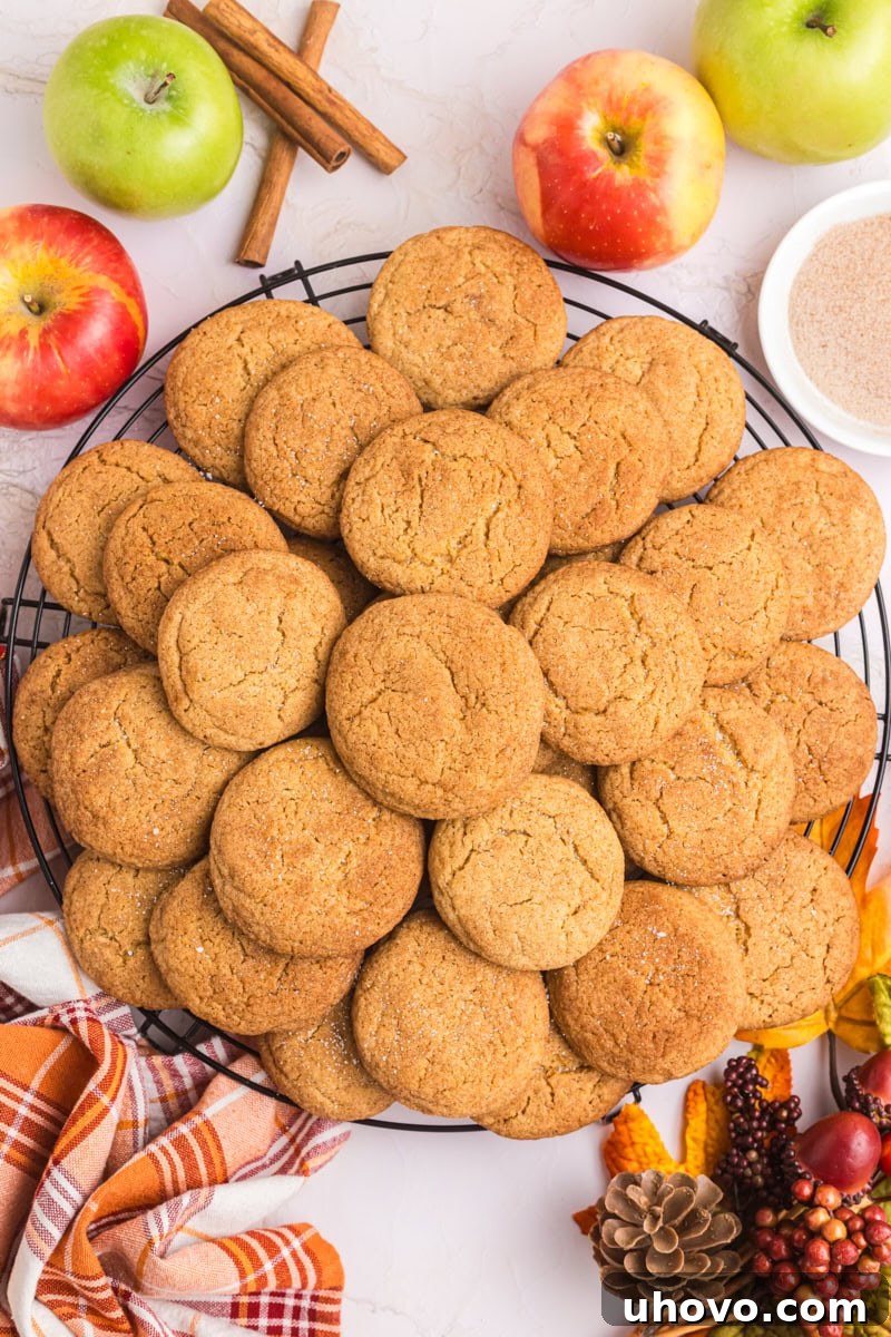 overhead view of apple butter snickerdoodles piled on a round wire rack
