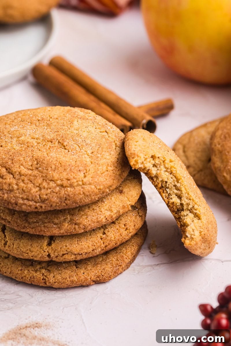 an apple butter snickerdoodle with a bite missing leaning against a stack of four more cookies