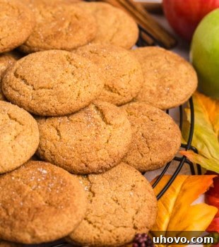 apple butter snickerdoodles on a wire rack surrounded by apples and fall leaves