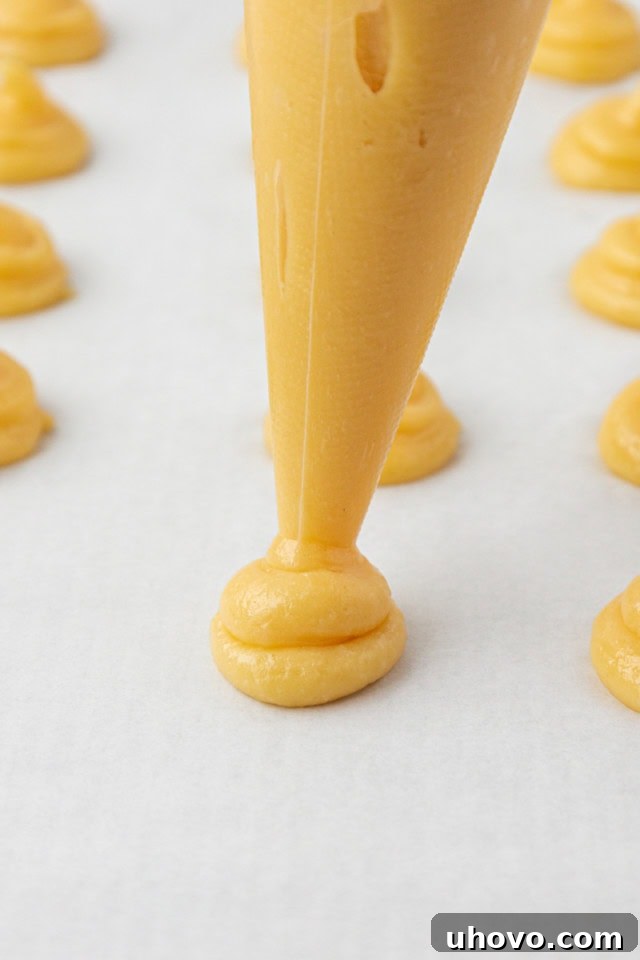 choux pastry dough being piped onto a parchment-lined baking sheet using a piping bag, forming small, uniform rounds with even spacing
