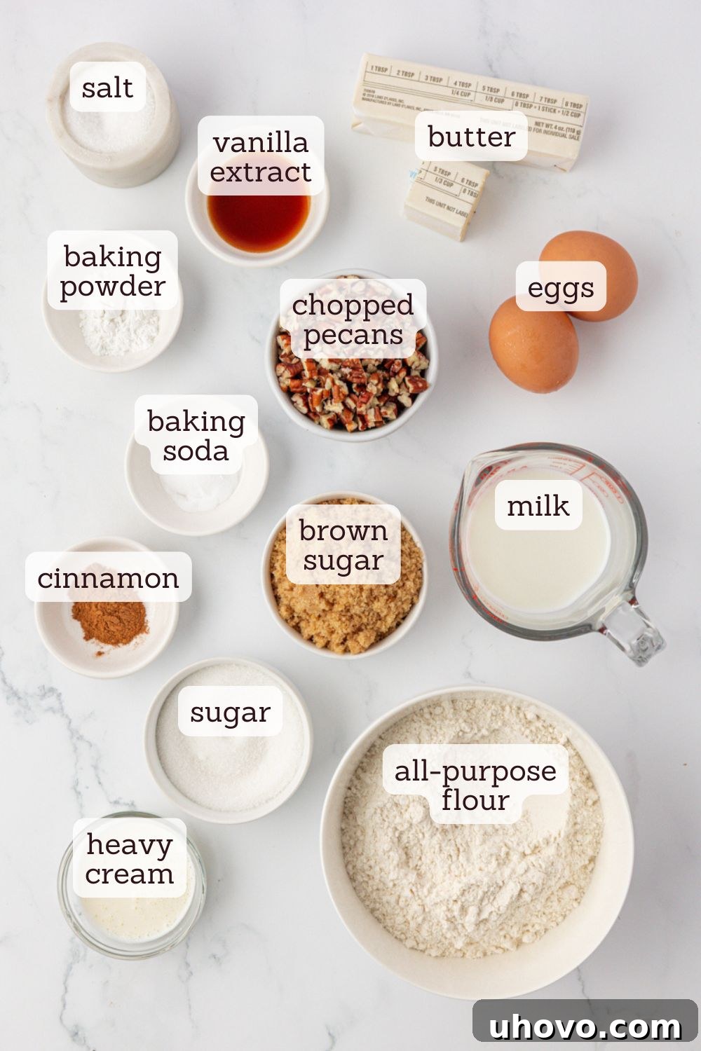 overhead view of ingredients for pecan praline muffins