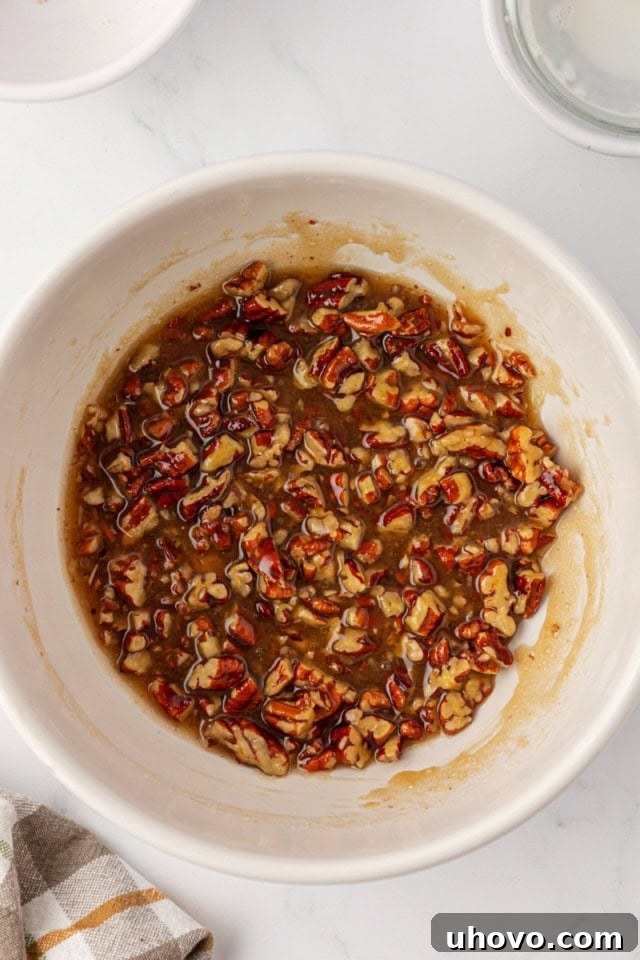 overhead view of topping mixture for pecan praline muffins