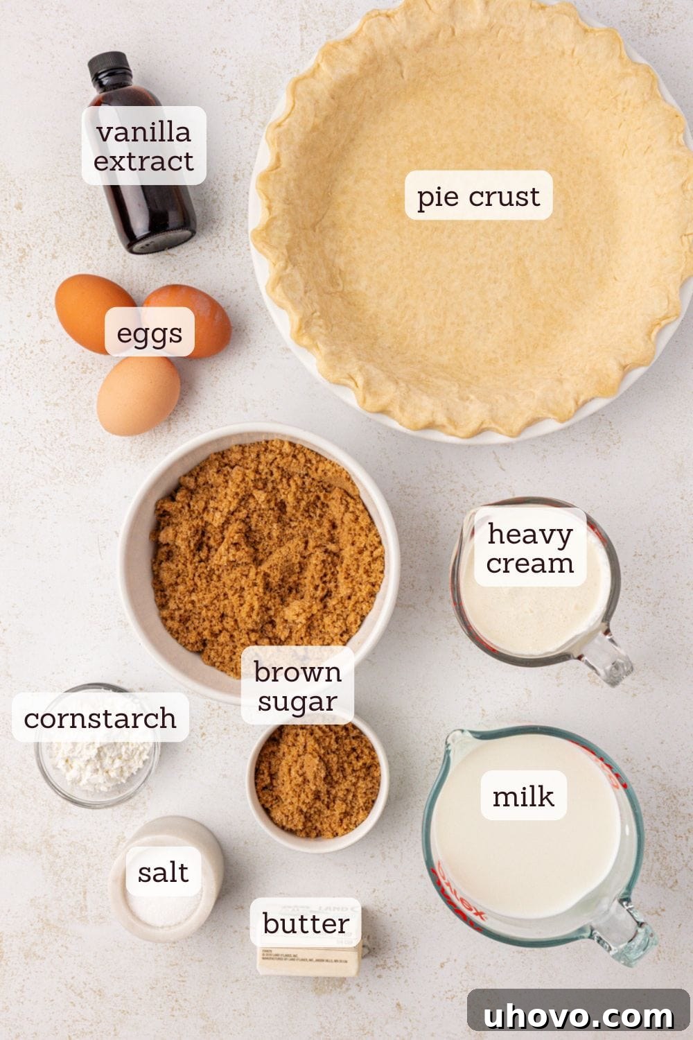 overhead view of ingredients for butterscotch pie and brown sugar whipped cream