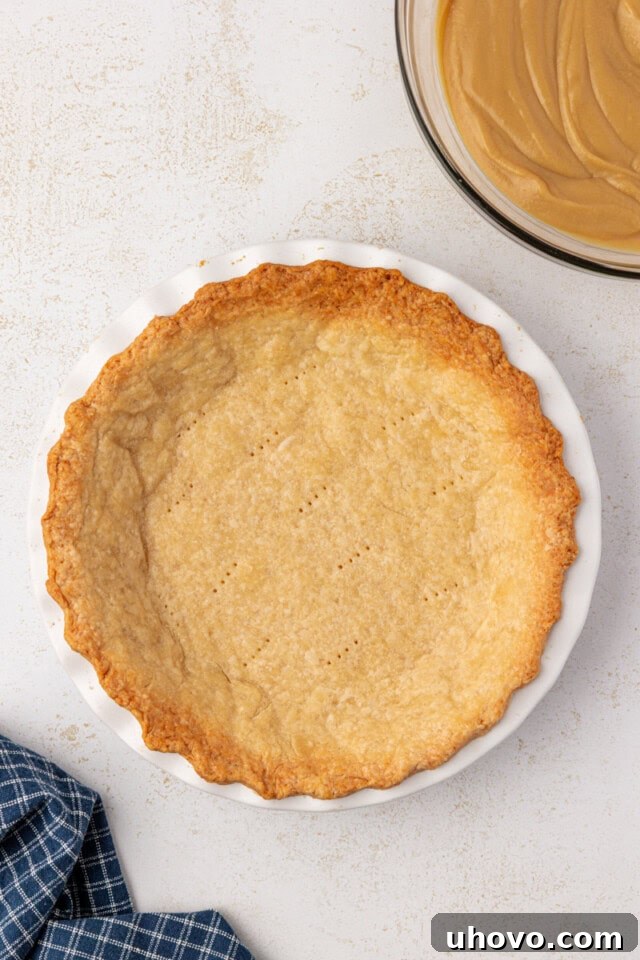 overhead view of a baked pie crust in a white pie plate