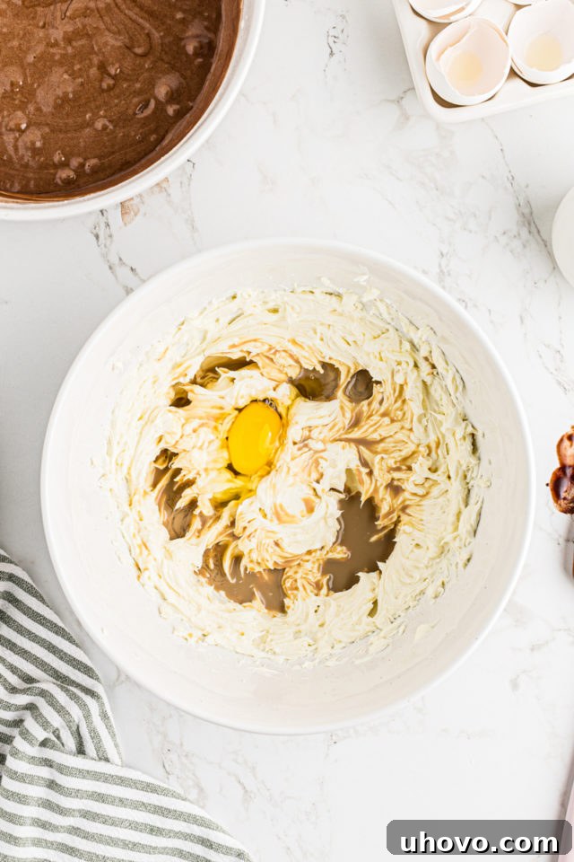 Overhead view of egg and Irish cream added to cream cheese mixture in bowl.