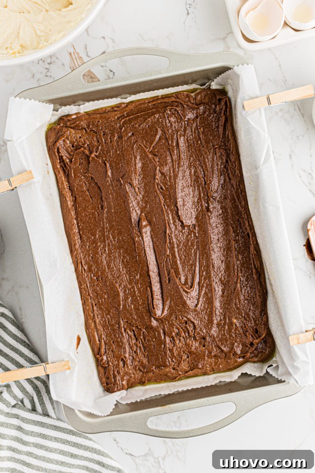 Overhead view of half of the brownie batter spread evenly in the prepared baking pan.