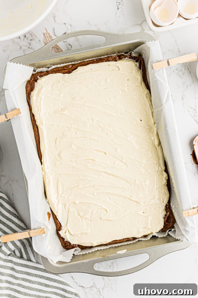 Overhead view of the smooth Irish cream cheese layer spread over the bottom brownie layer.