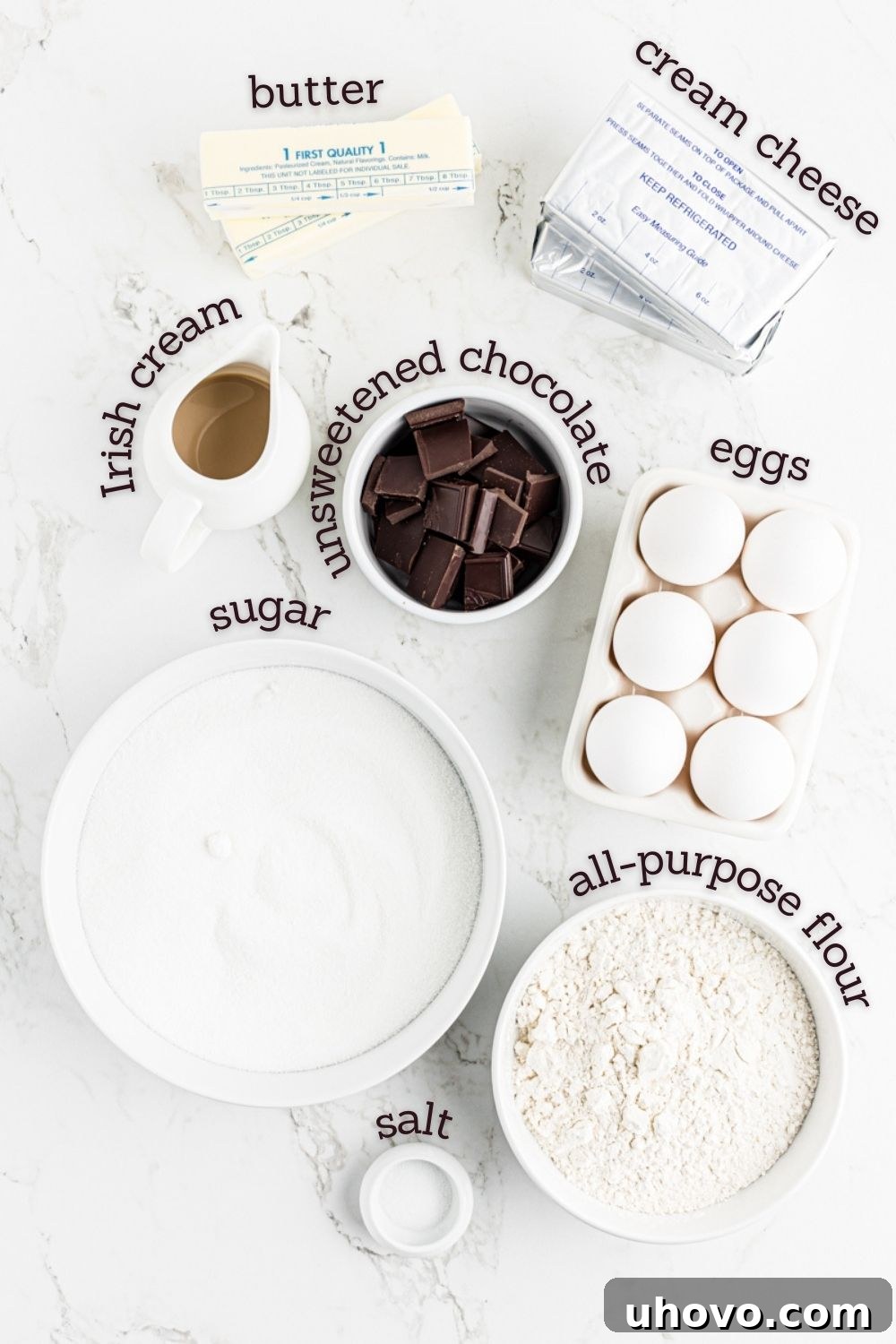 Overhead view of ingredients for Irish cream brownies, neatly arranged on a counter.
