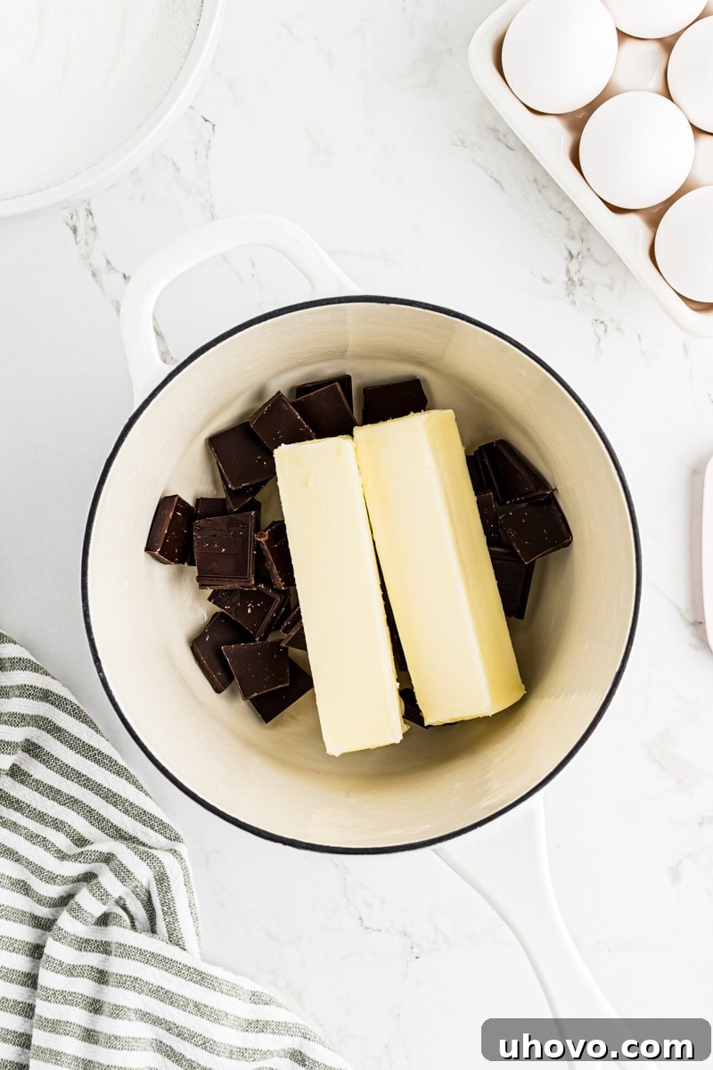 Overhead view of butter and chocolate in pan, ready to melt.