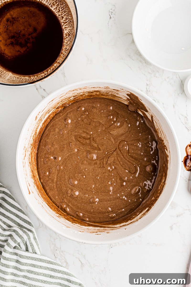 Overhead view of finished brownie batter in bowl, thick and glossy.