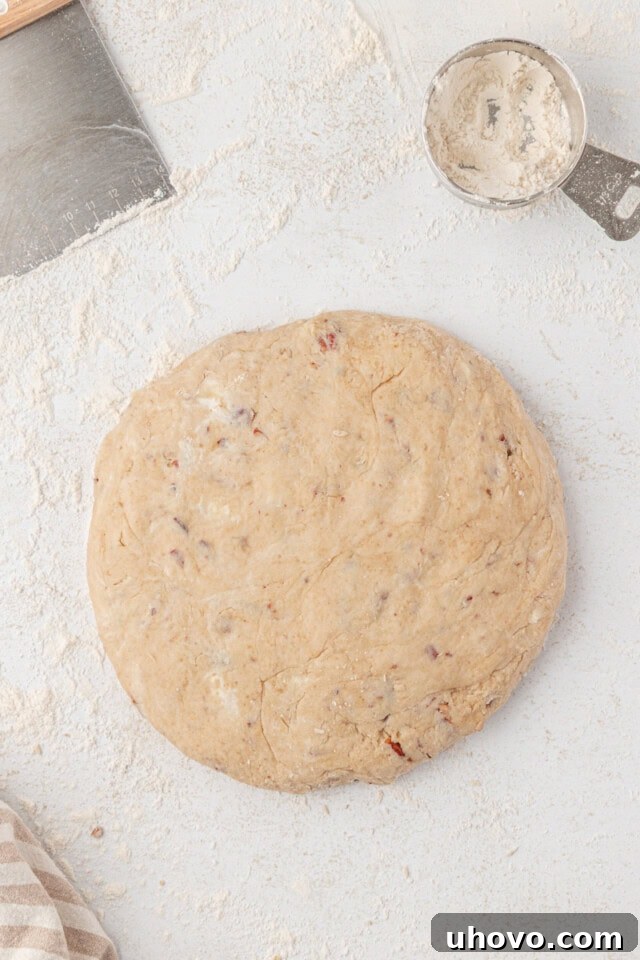 Maple scone dough patted into a 7-inch circle on a floured surface, with a bench scraper poised to cut it into wedges.